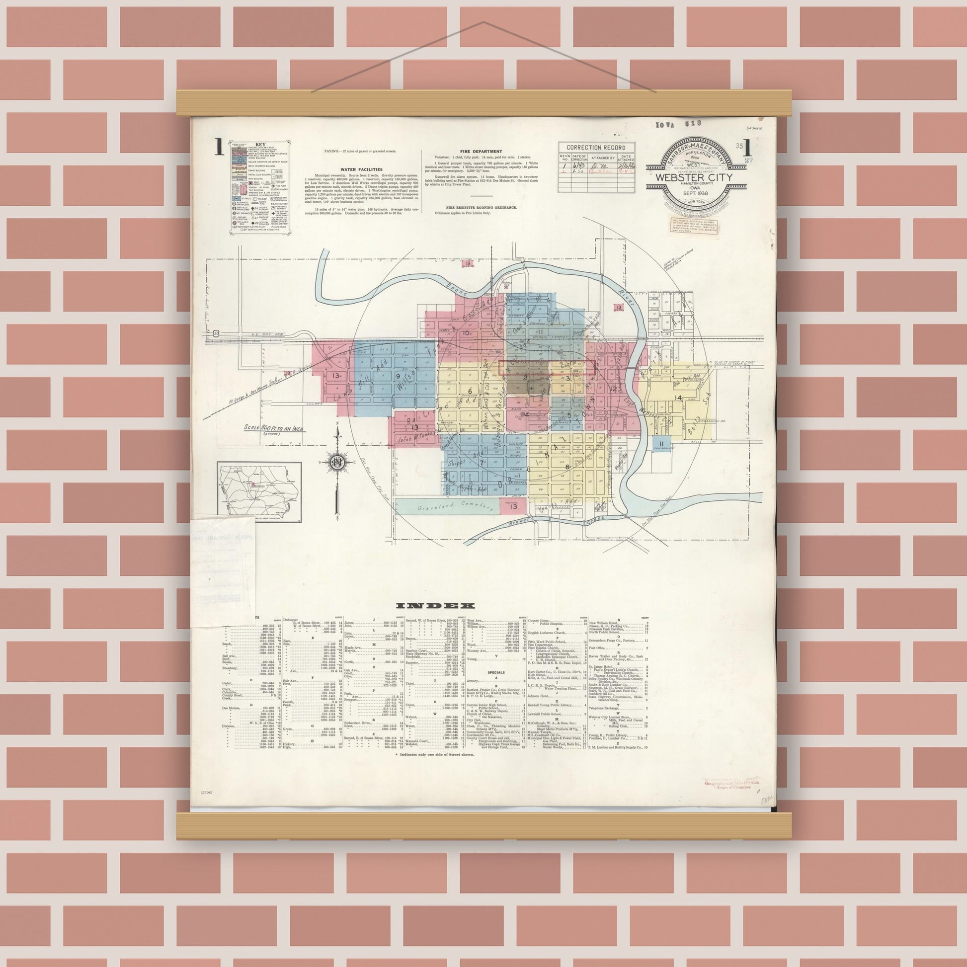Old map wall art mockup — magnetic wood frame on brick wall — Sanborn Fire Insurance Map from Webster City, Hamilton County, Iowa (1950), Sheet #0001