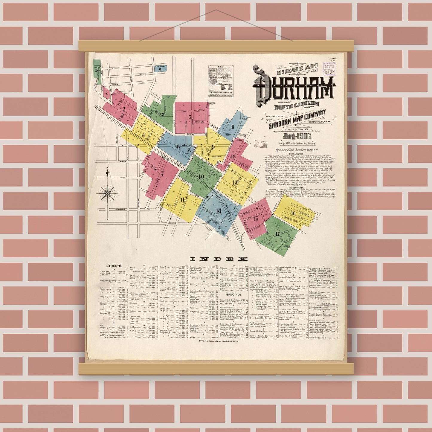 Old map wall art mockup — magnetic wood frame on brick wall — Sanborn Fire Insurance Map from Durham, Durham County, North Carolina (1907), Sheet #0001