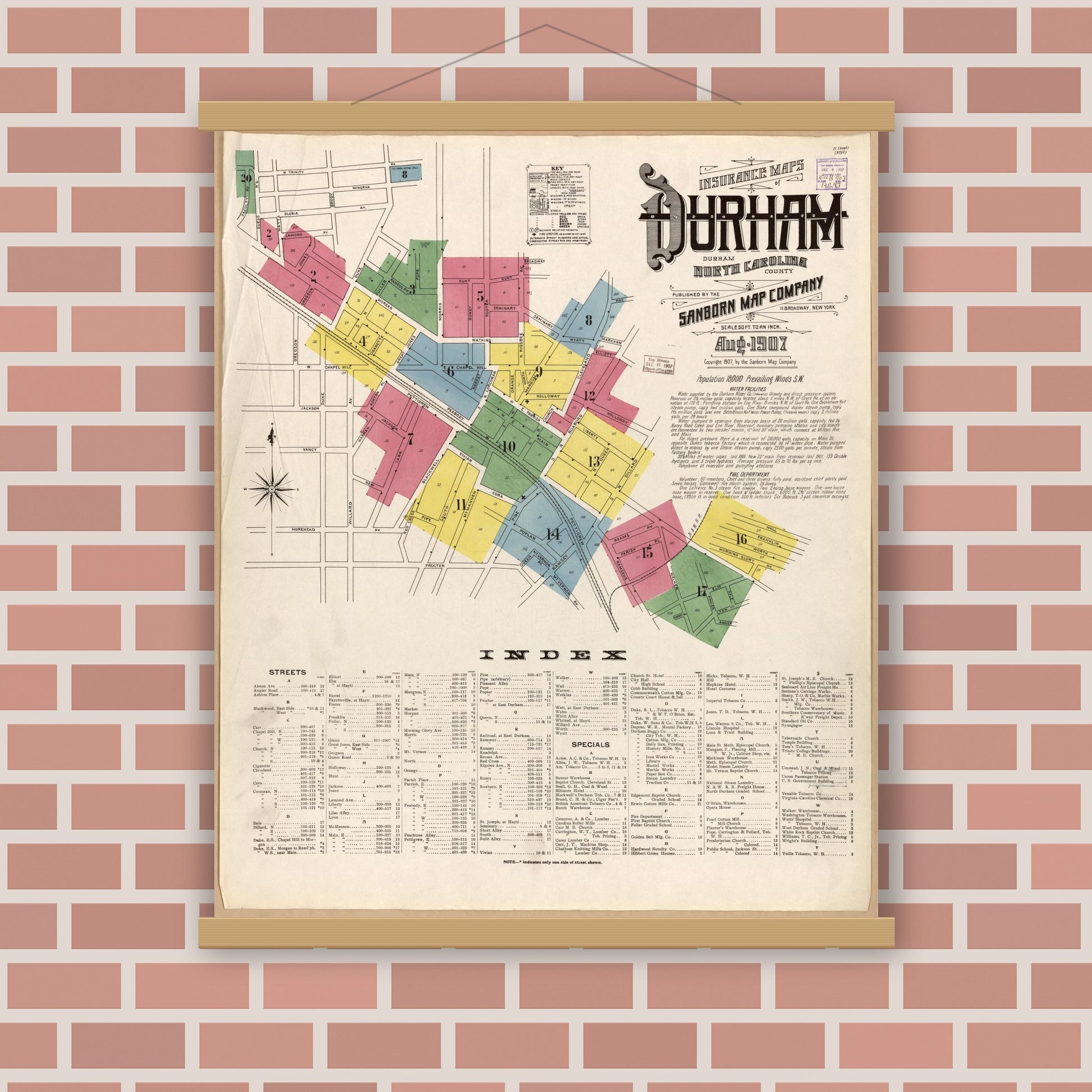 Old map wall art mockup — magnetic wood frame on brick wall — Sanborn Fire Insurance Map from Durham, Durham County, North Carolina (1907), Sheet #0001