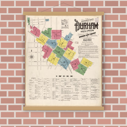 Old map wall art mockup — magnetic wood frame on brick wall — Sanborn Fire Insurance Map from Durham, Durham County, North Carolina (1907), Sheet #0001