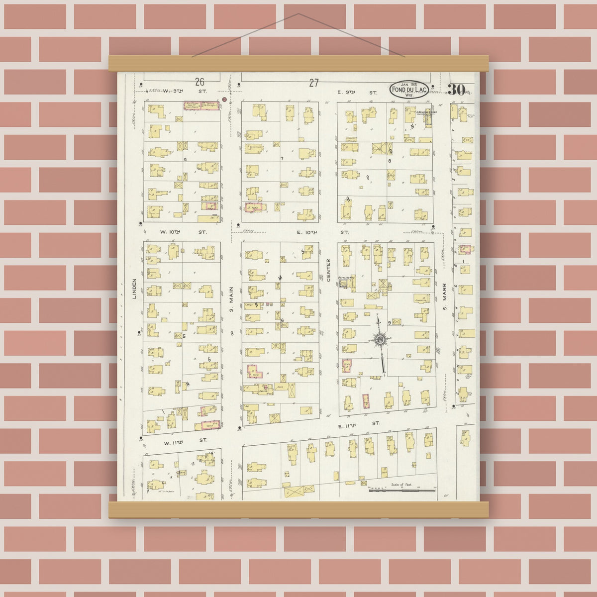 Old map wall art mockup — magnetic wood frame on brick wall — Sanborn Fire Insurance Map from Fond du Lac, Fond du Lac County, Wisconsin (1915), Sheet #0030