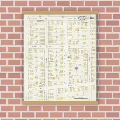 Old map wall art mockup — magnetic wood frame on brick wall — Sanborn Fire Insurance Map from Fond du Lac, Fond du Lac County, Wisconsin (1915), Sheet #0030