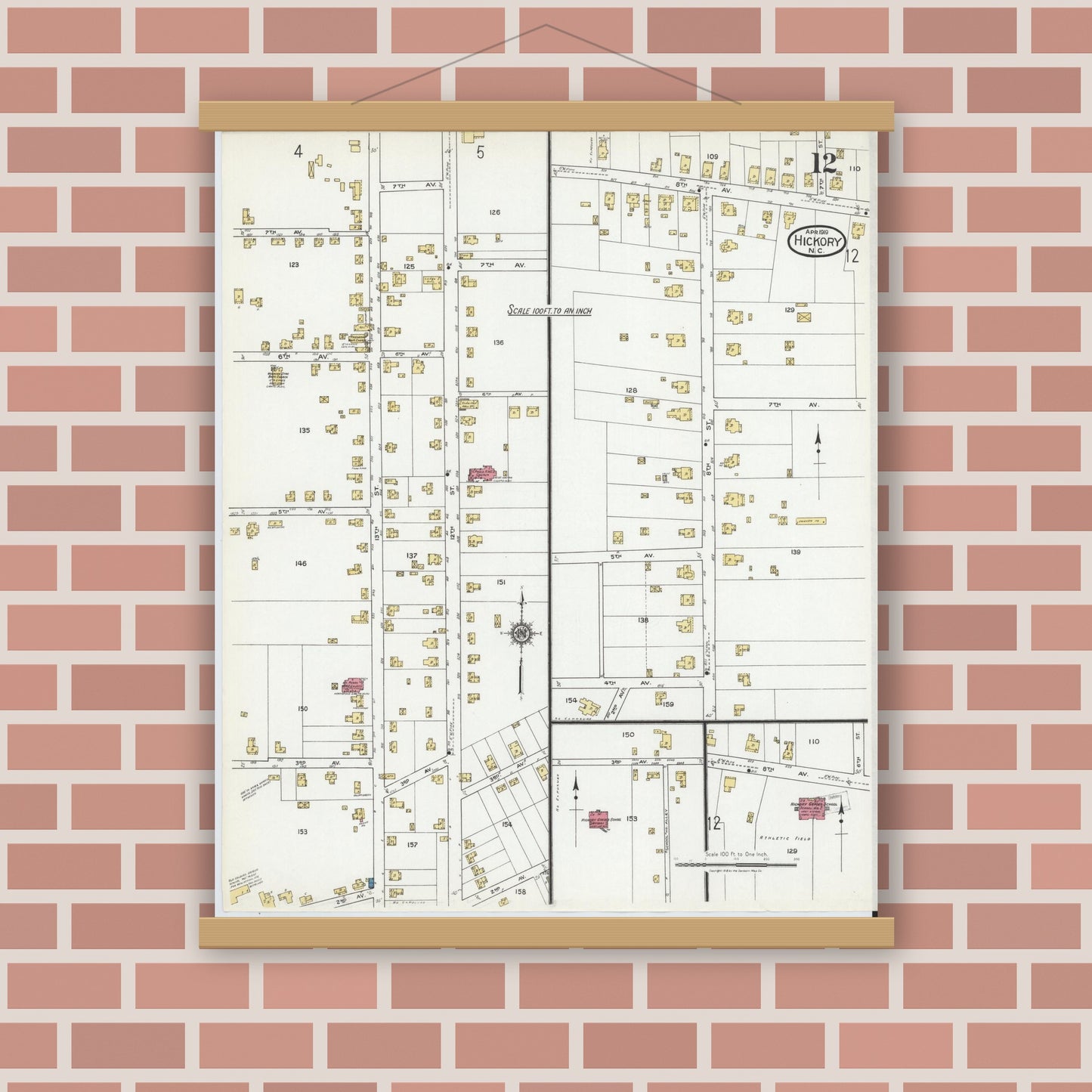 Old map wall art mockup — magnetic wood frame on brick wall — Sanborn Fire Insurance Map from Hickory, Catawba County, North Carolina (1919), Sheet #0012