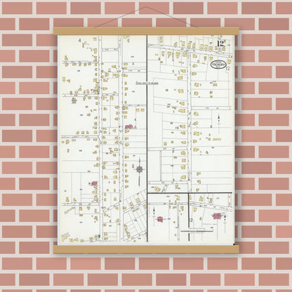Old map wall art mockup — magnetic wood frame on brick wall — Sanborn Fire Insurance Map from Hickory, Catawba County, North Carolina (1919), Sheet #0012