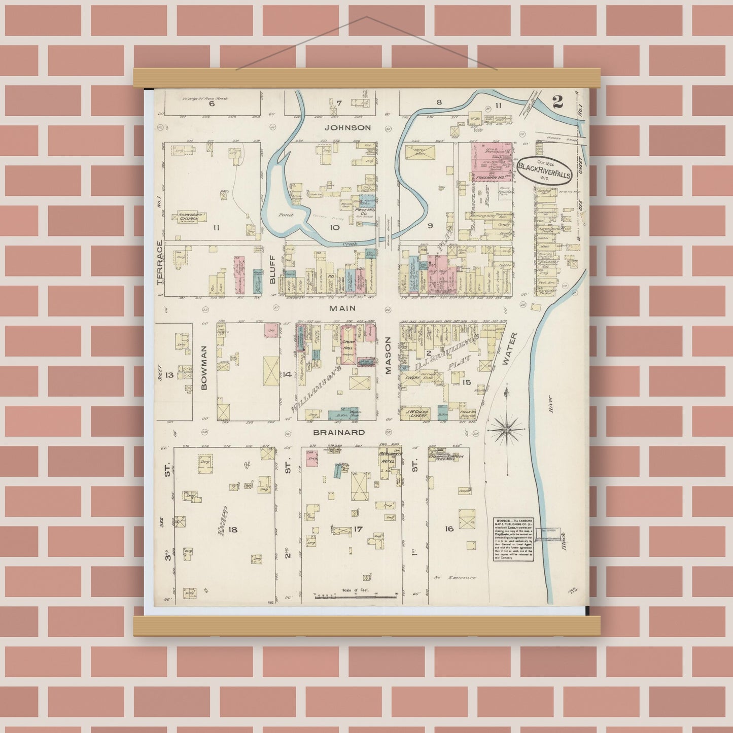Old map wall art mockup — magnetic wood frame on brick wall — Sanborn Fire Insurance Map from Black River Falls, Jackson County, Wisconsin (1884), Sheet #0002