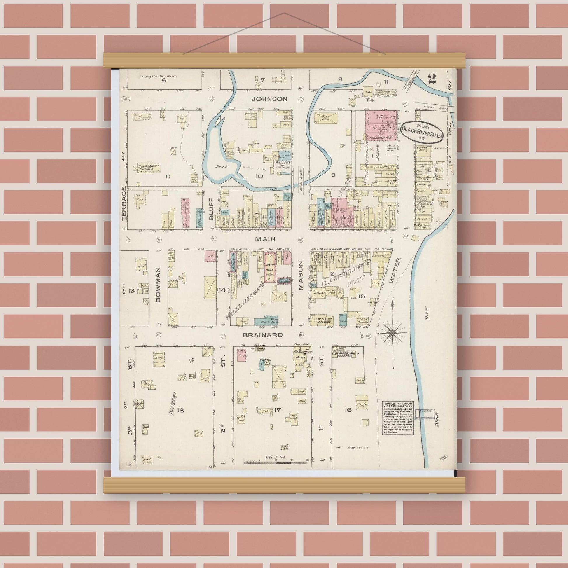 Old map wall art mockup — magnetic wood frame on brick wall — Sanborn Fire Insurance Map from Black River Falls, Jackson County, Wisconsin (1884), Sheet #0002
