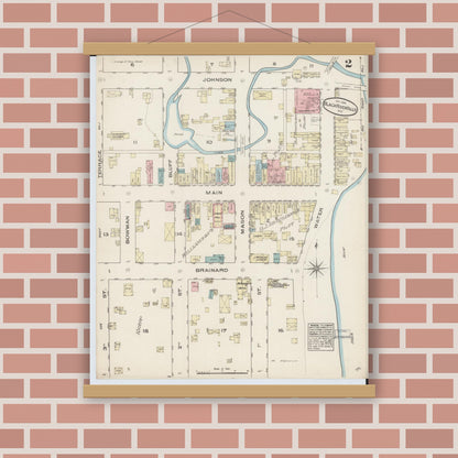 Old map wall art mockup — magnetic wood frame on brick wall — Sanborn Fire Insurance Map from Black River Falls, Jackson County, Wisconsin (1884), Sheet #0002