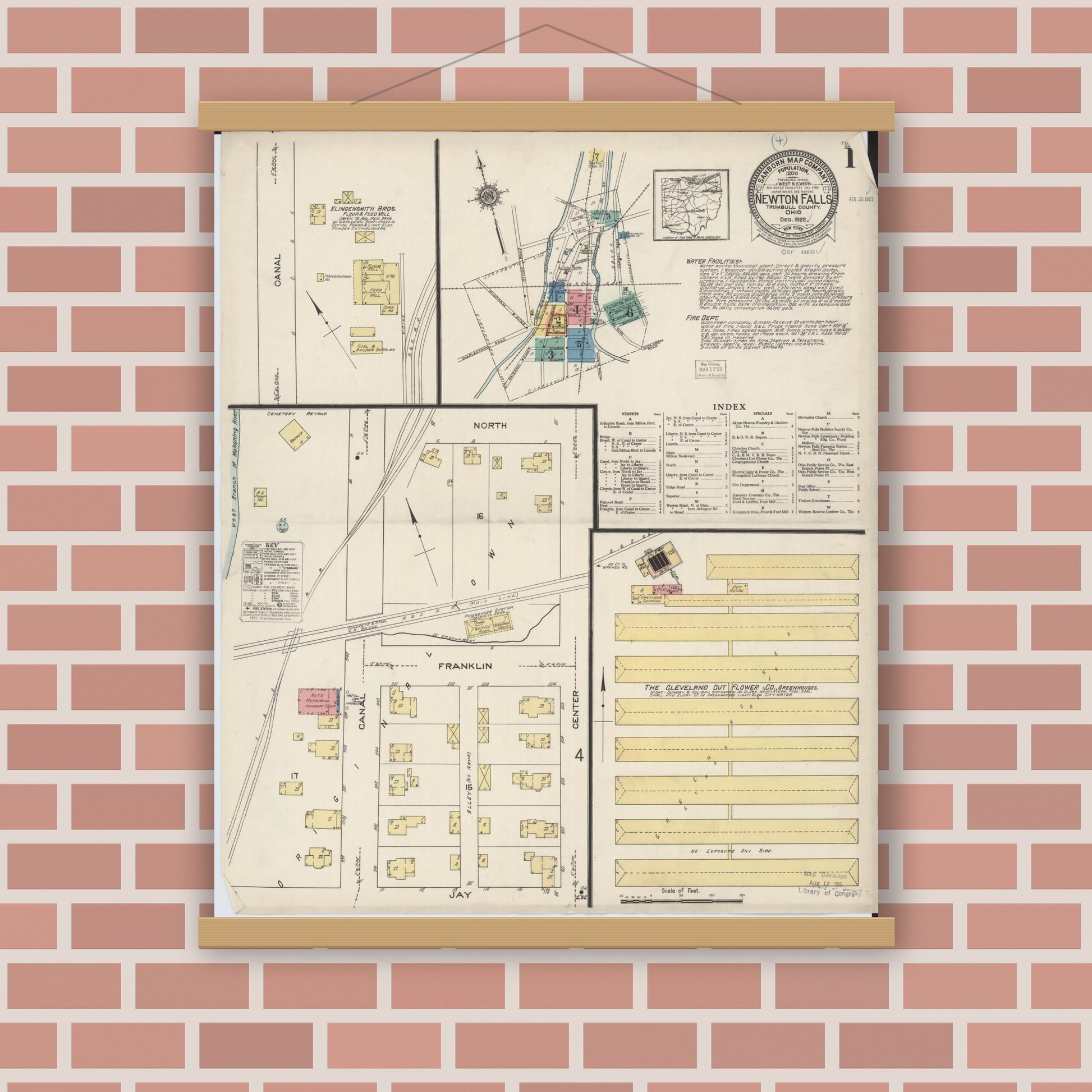 Old map wall art mockup — magnetic wood frame on brick wall — Sanborn Fire Insurance Map from Newton Falls, Trumbull County, Ohio (1922) - Complete Map Set