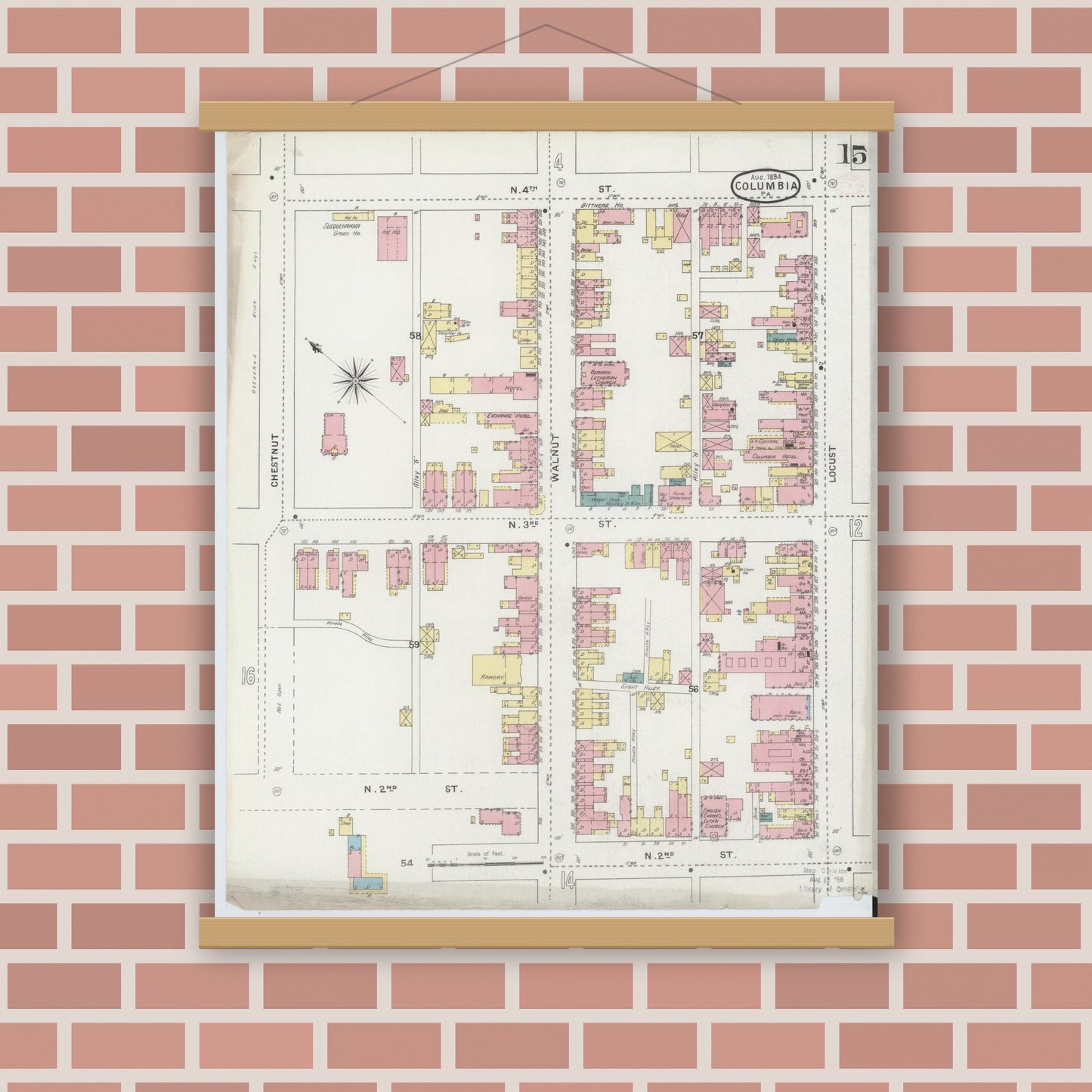 Old map wall art mockup — magnetic wood frame on brick wall — Sanborn Fire Insurance Map from Columbia, Lancaster County, Pennsylvania (1894), Sheet #0015