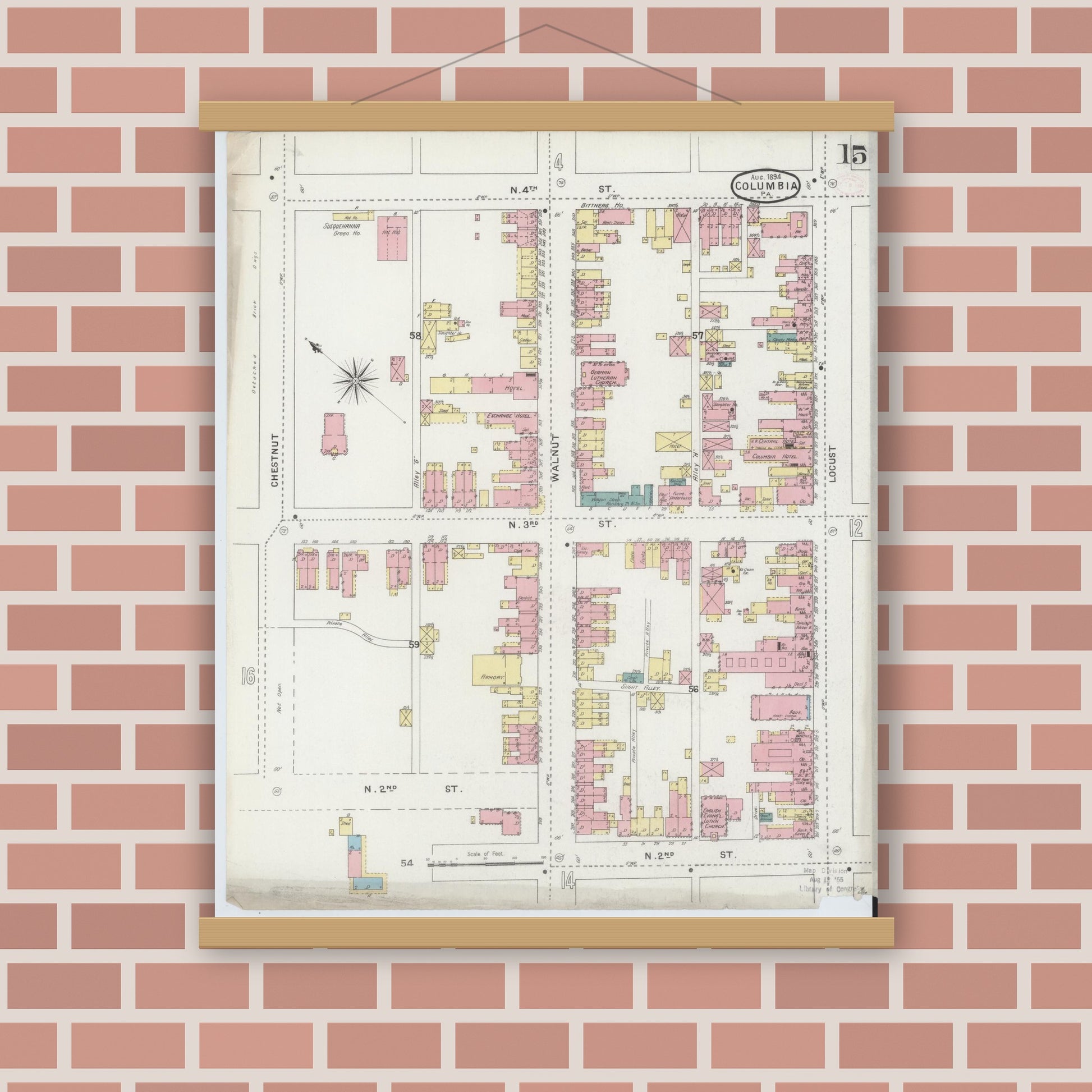 Old map wall art mockup — magnetic wood frame on brick wall — Sanborn Fire Insurance Map from Columbia, Lancaster County, Pennsylvania (1894), Sheet #0015
