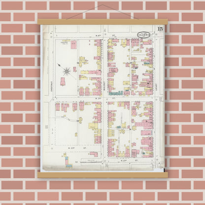 Old map wall art mockup — magnetic wood frame on brick wall — Sanborn Fire Insurance Map from Columbia, Lancaster County, Pennsylvania (1894), Sheet #0015
