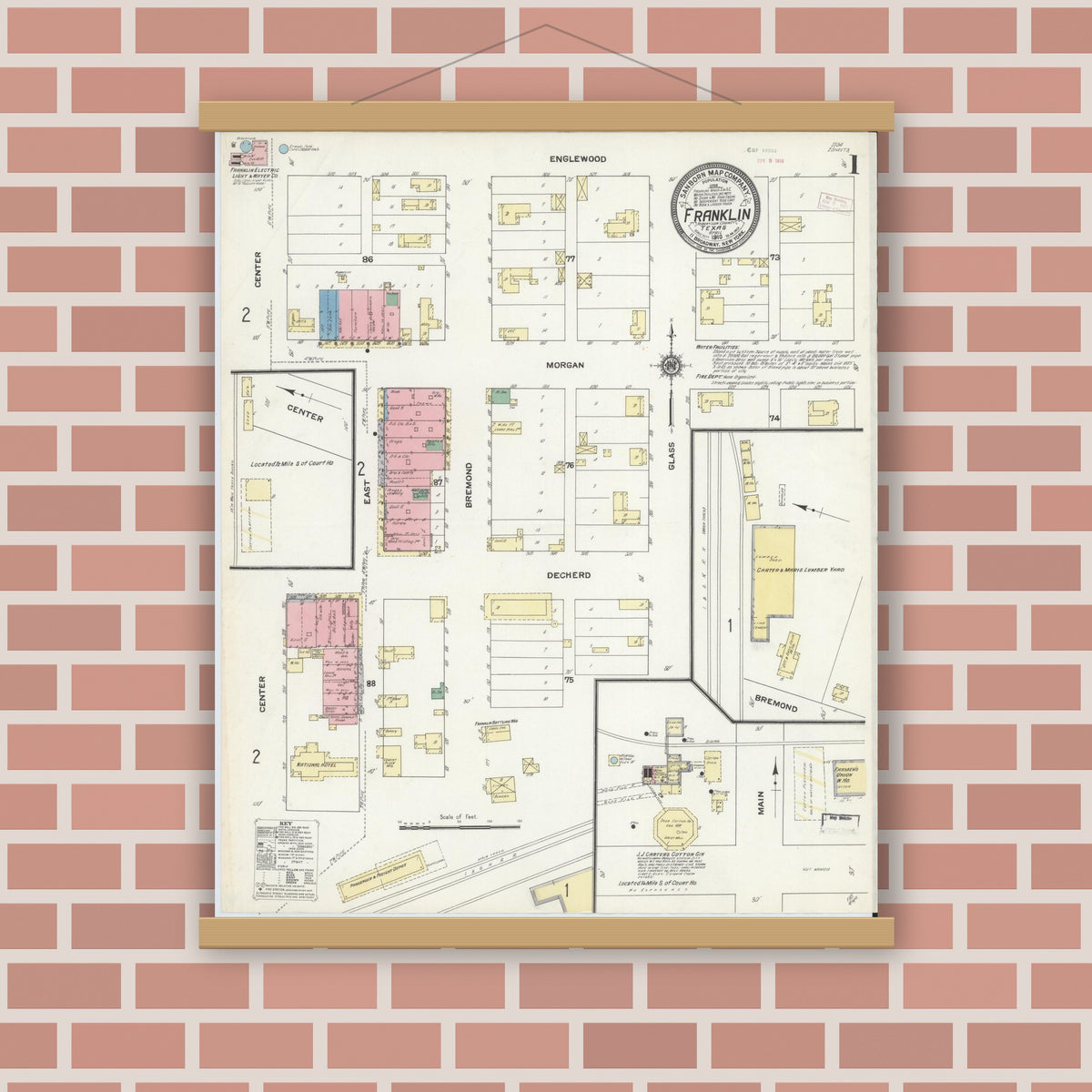 Old map wall art mockup — magnetic wood frame on brick wall — Sanborn Fire Insurance Map from Franklin, Robertson County, Texas (1910) - Complete Map Set