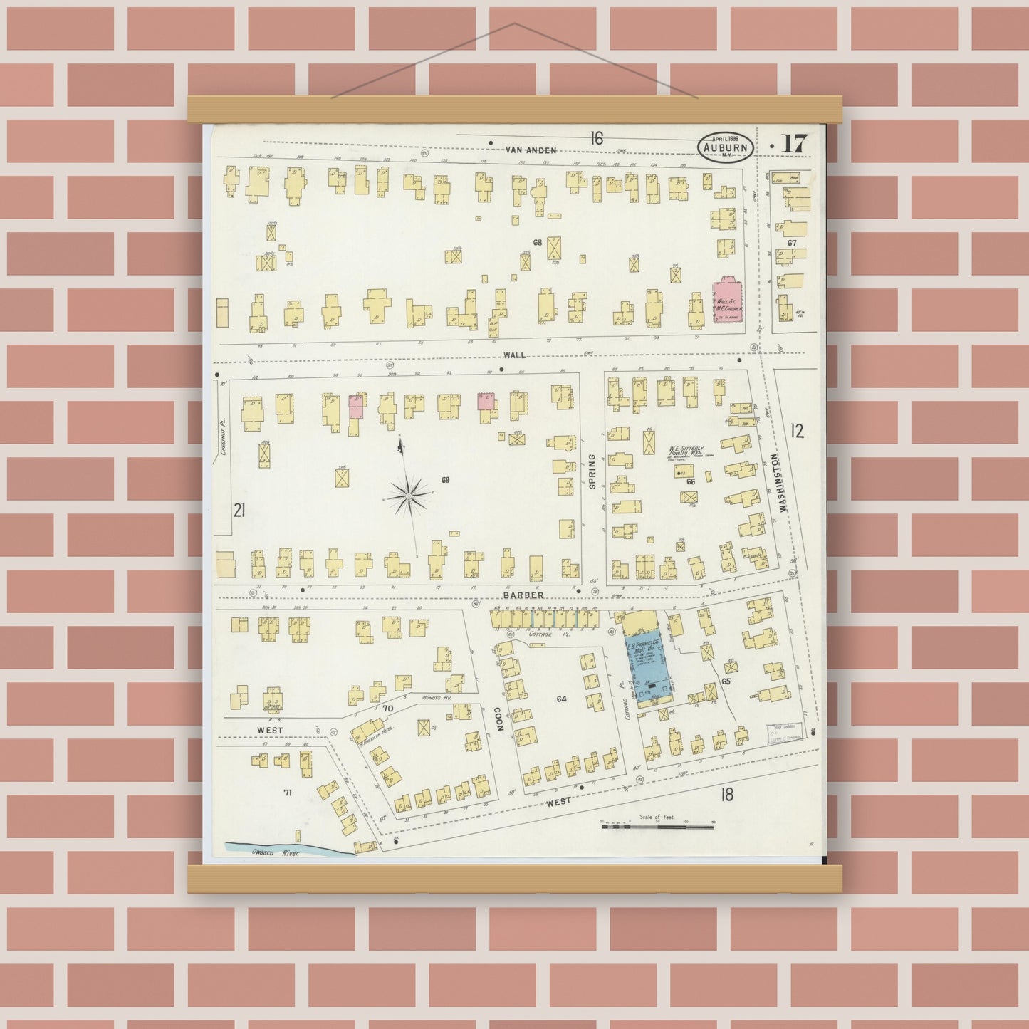 Old map wall art mockup — magnetic wood frame on brick wall — Sanborn Fire Insurance Map from Auburn, Cayuga County, New York (1898), Sheet #0017