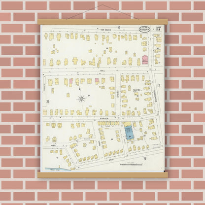 Old map wall art mockup — magnetic wood frame on brick wall — Sanborn Fire Insurance Map from Auburn, Cayuga County, New York (1898), Sheet #0017