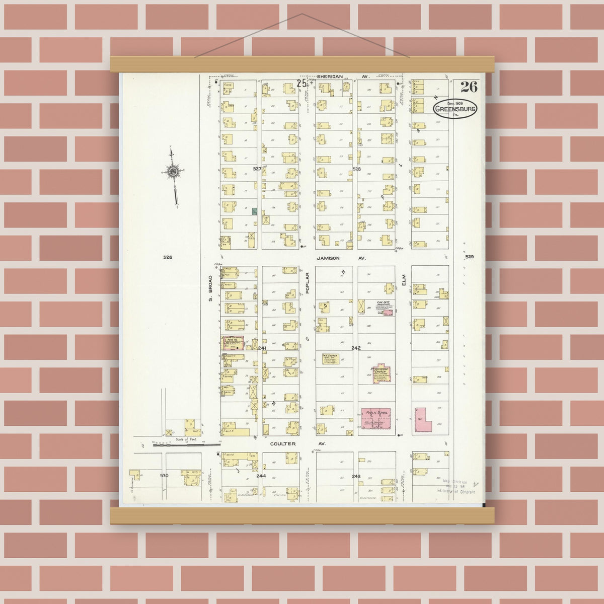 Old map wall art mockup — magnetic wood frame on brick wall — Sanborn Fire Insurance Map from Greensburg, Westmoreland County, Pennsylvania (1909), Sheet #0026