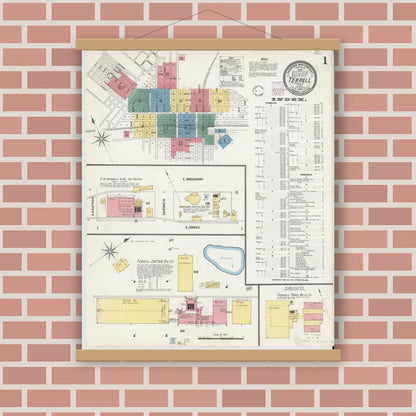 Old map wall art mockup — magnetic wood frame on brick wall — Sanborn Fire Insurance Map from Terrell, Kaufman County, Texas (1902), Sheet #0001