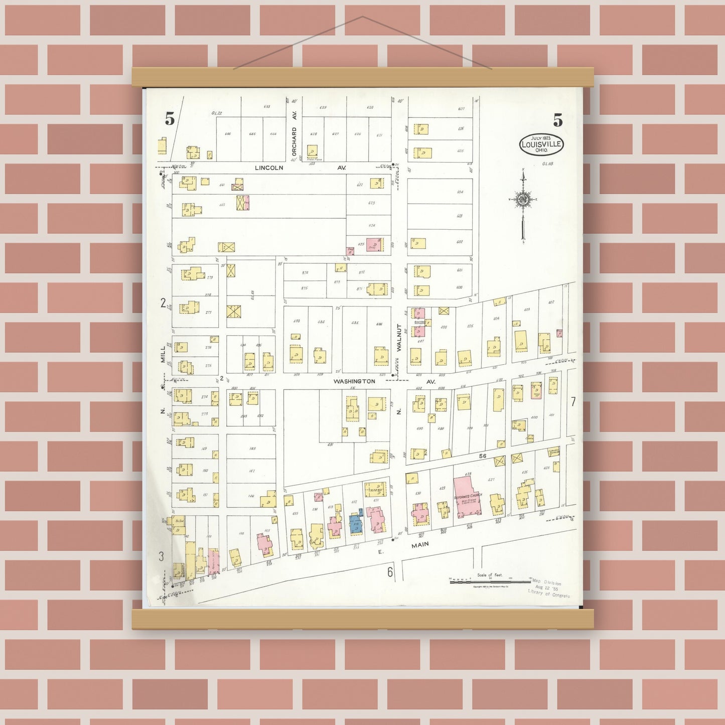 Old map wall art mockup — magnetic wood frame on brick wall — Sanborn Fire Insurance Map from Louisville, Stark County, Ohio (1923), Sheet #0005
