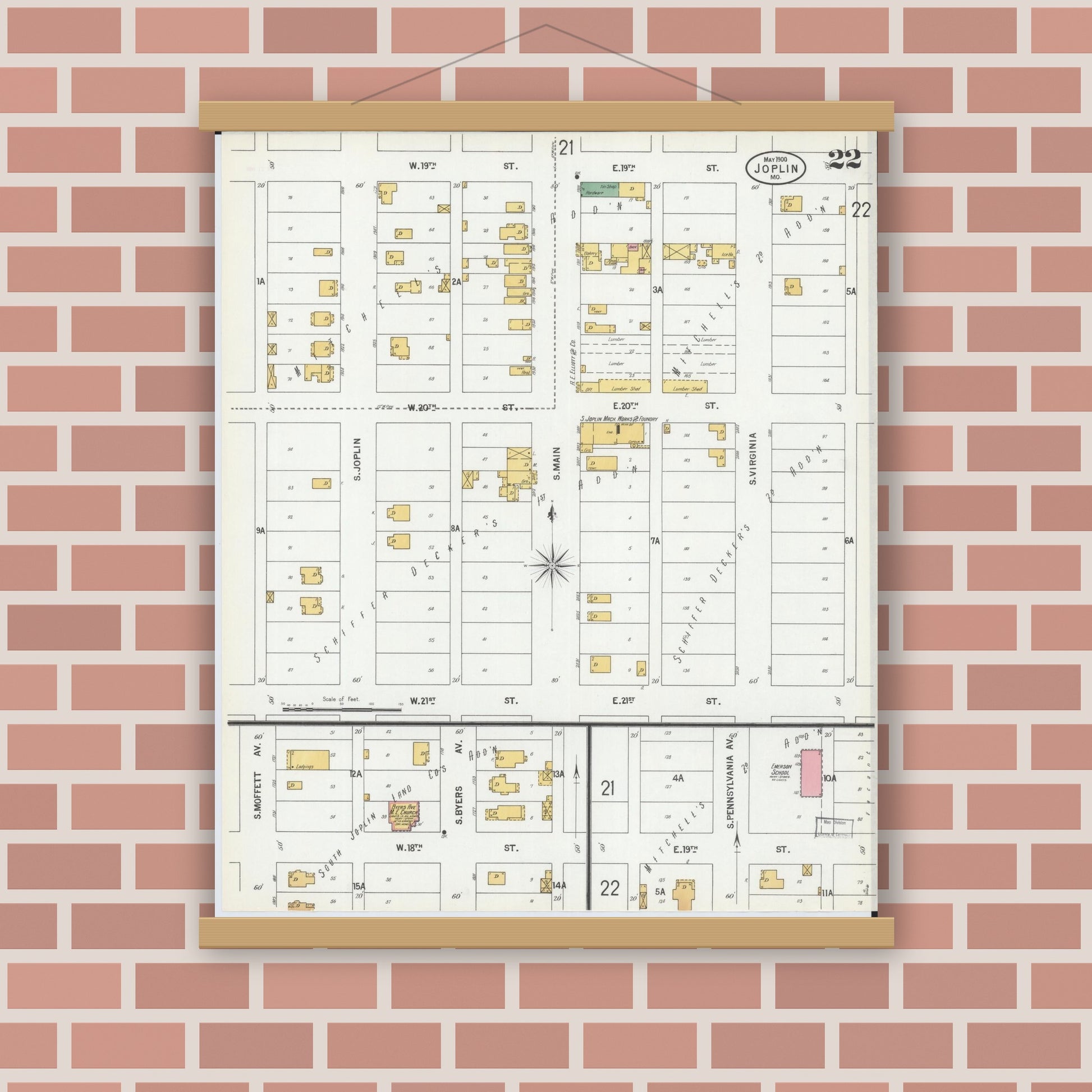 Old map wall art mockup — magnetic wood frame on brick wall — Sanborn Fire Insurance Map from Joplin, Jasper County, Missouri (1900), Sheet #0022