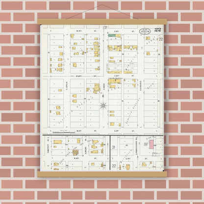Old map wall art mockup — magnetic wood frame on brick wall — Sanborn Fire Insurance Map from Joplin, Jasper County, Missouri (1900), Sheet #0022