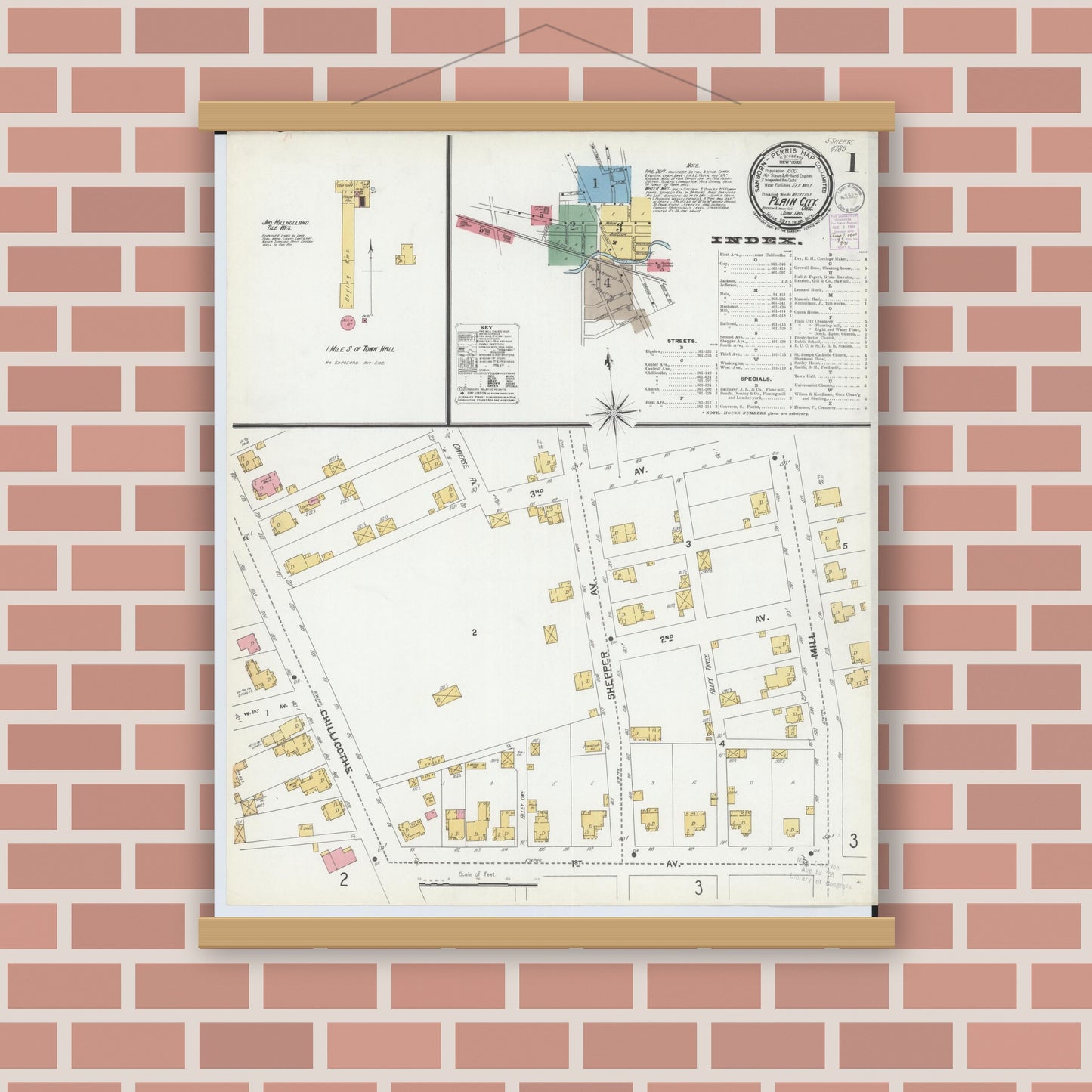Old map wall art mockup — magnetic wood frame on brick wall — Sanborn Fire Insurance Map from Plain City, Madison And Union Counties, Ohio (1901), Sheet #0001