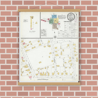 Old map wall art mockup — magnetic wood frame on brick wall — Sanborn Fire Insurance Map from Plain City, Madison And Union Counties, Ohio (1901), Sheet #0001