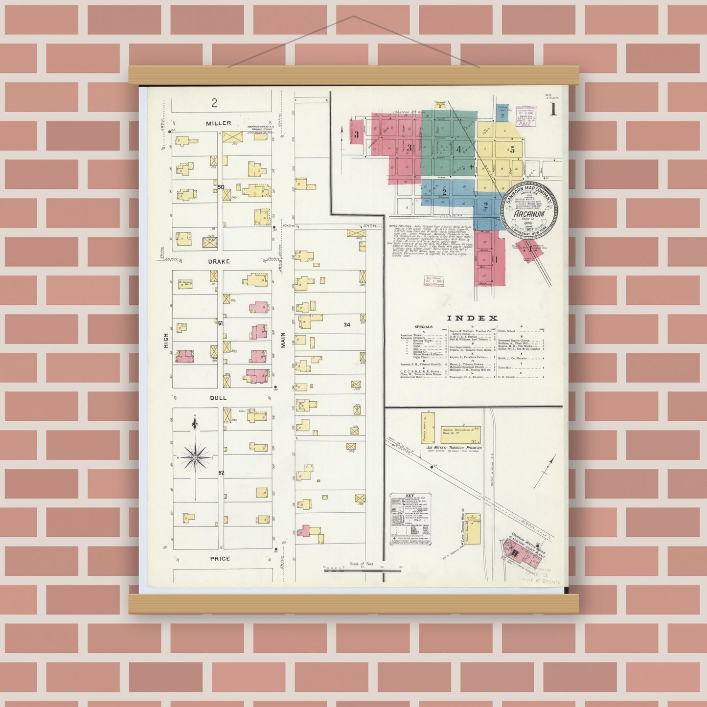 Old map wall art mockup — magnetic wood frame on brick wall — Sanborn Fire Insurance Map from Arcanum, Darke County, Ohio (1907), Sheet #0001