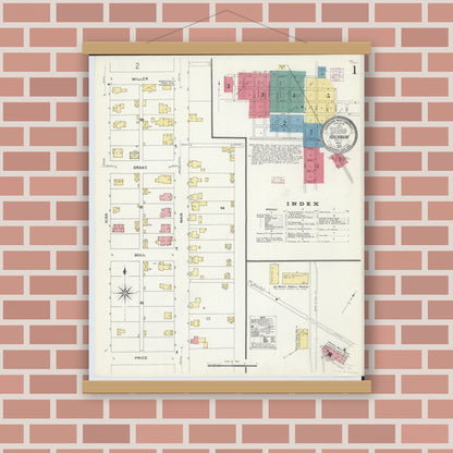 Old map wall art mockup — magnetic wood frame on brick wall — Sanborn Fire Insurance Map from Arcanum, Darke County, Ohio (1907), Sheet #0001
