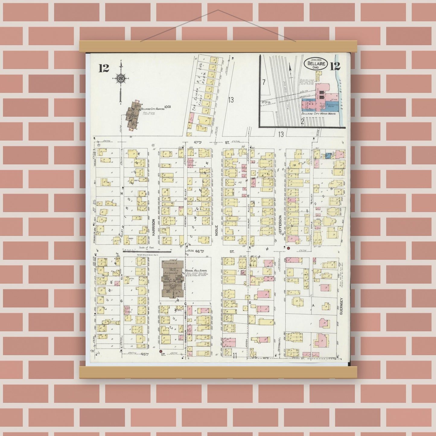 Old map wall art mockup — magnetic wood frame on brick wall — Sanborn Fire Insurance Map from Bellaire, Belmont County, Ohio (1924), Sheet #0012