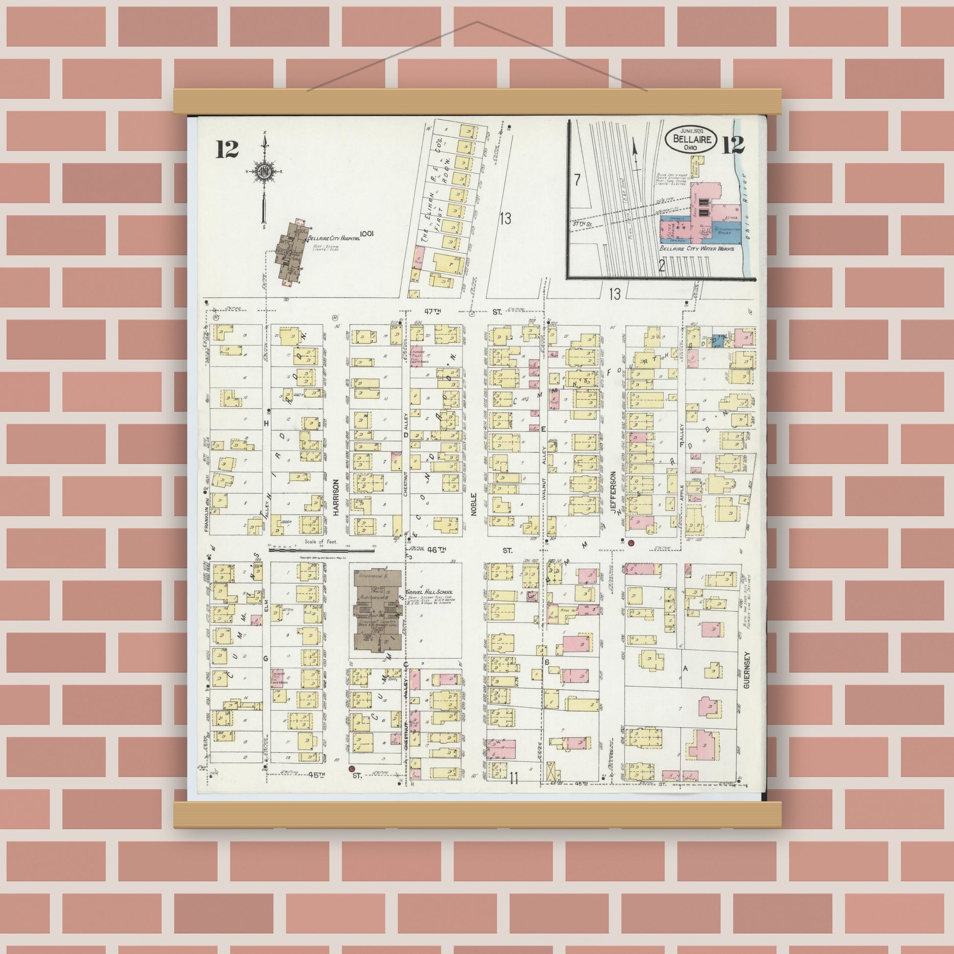 Old map wall art mockup — magnetic wood frame on brick wall — Sanborn Fire Insurance Map from Bellaire, Belmont County, Ohio (1924), Sheet #0012