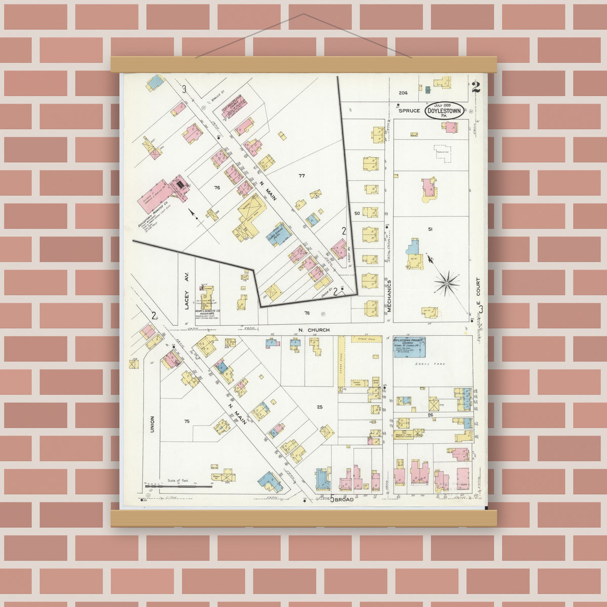 Old map wall art mockup — magnetic wood frame on brick wall — Sanborn Fire Insurance Map from Doylestown, Bucks County, Pennsylvania (1909), Sheet #0002
