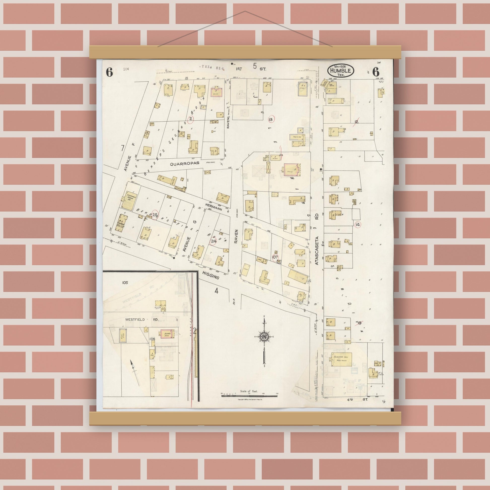 Old map wall art mockup — magnetic wood frame on brick wall — Sanborn Fire Insurance Map from Humble, Harris County, Texas (1940), Sheet #0006