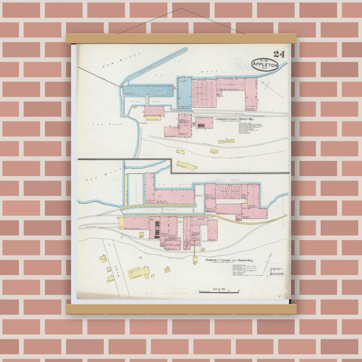 Old map wall art mockup — magnetic wood frame on brick wall — Sanborn Fire Insurance Map from Appleton, Outagamie County, Wisconsin (1891), Sheet #0024