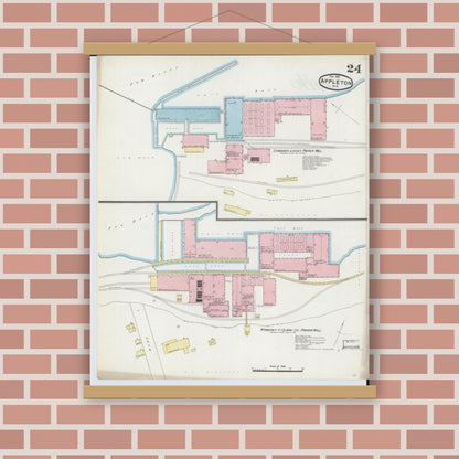 Old map wall art mockup — magnetic wood frame on brick wall — Sanborn Fire Insurance Map from Appleton, Outagamie County, Wisconsin (1891), Sheet #0024