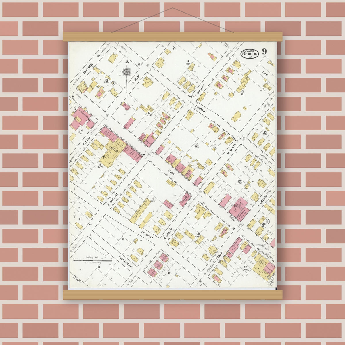 Old map wall art mockup — magnetic wood frame on brick wall — Sanborn Fire Insurance Map from Beacon, Dutchess County, New York (1919), Sheet #0009