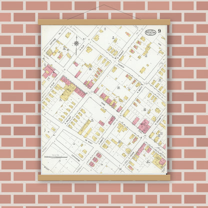 Old map wall art mockup — magnetic wood frame on brick wall — Sanborn Fire Insurance Map from Beacon, Dutchess County, New York (1919), Sheet #0009