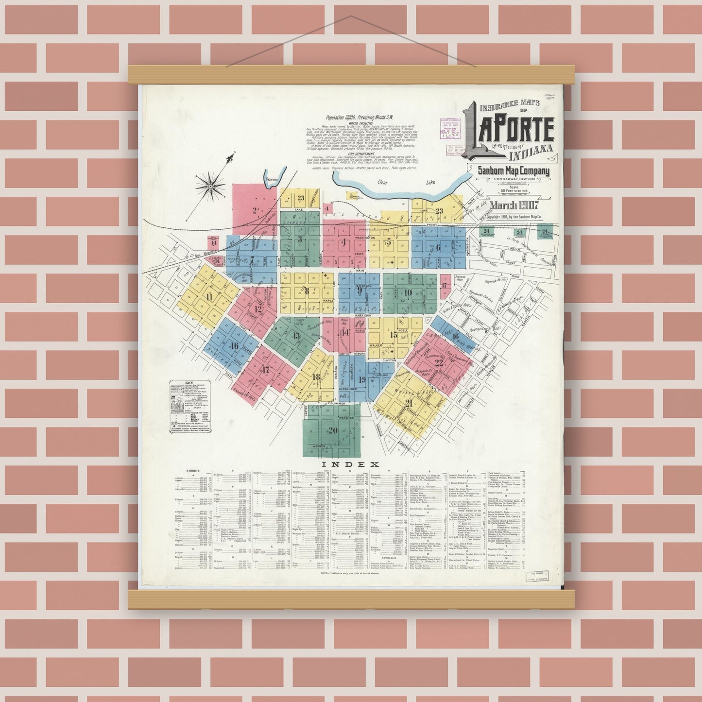 Old map wall art mockup — magnetic wood frame on brick wall — Sanborn Fire Insurance Map from La Porte, La Porte County, Indiana (1907) - Complete Map Set