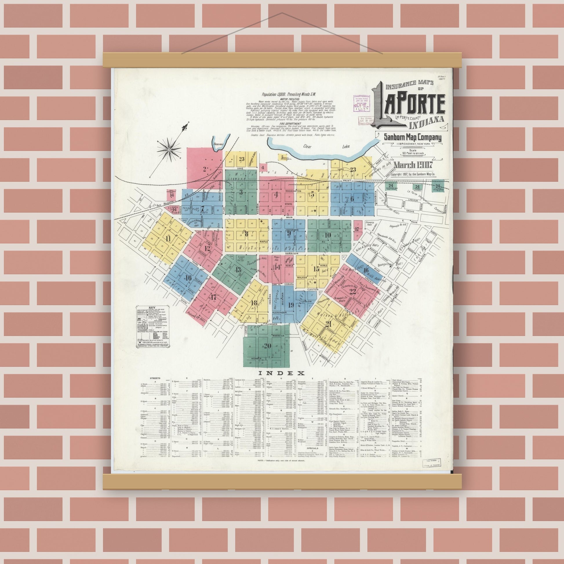 Old map wall art mockup — magnetic wood frame on brick wall — Sanborn Fire Insurance Map from La Porte, La Porte County, Indiana (1907) - Complete Map Set