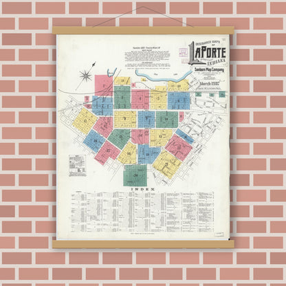 Old map wall art mockup — magnetic wood frame on brick wall — Sanborn Fire Insurance Map from La Porte, La Porte County, Indiana (1907) - Complete Map Set