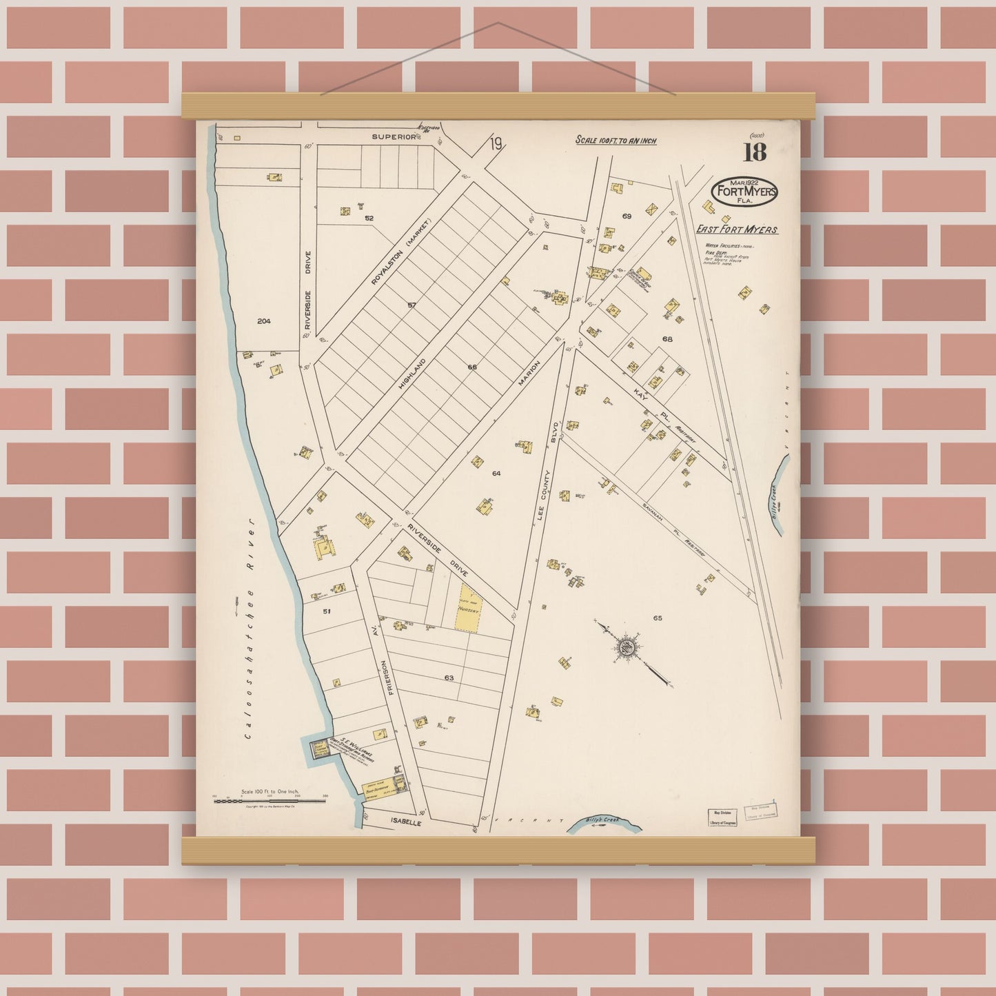 Old map wall art mockup — magnetic wood frame on brick wall — Sanborn Fire Insurance Map from Fort Myers, Lee County, Florida (1922), Sheet #0018