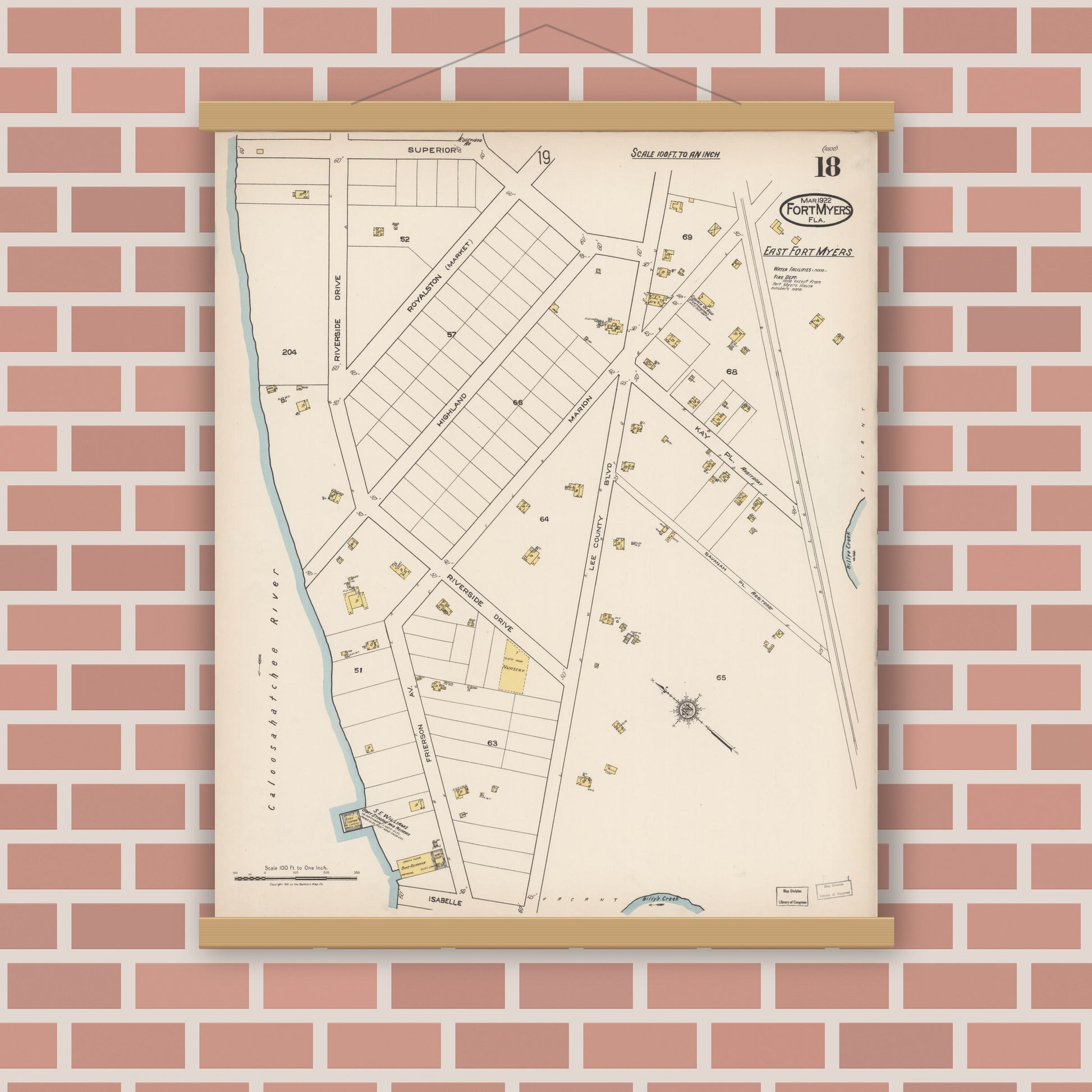 Old map wall art mockup — magnetic wood frame on brick wall — Sanborn Fire Insurance Map from Fort Myers, Lee County, Florida (1922), Sheet #0018