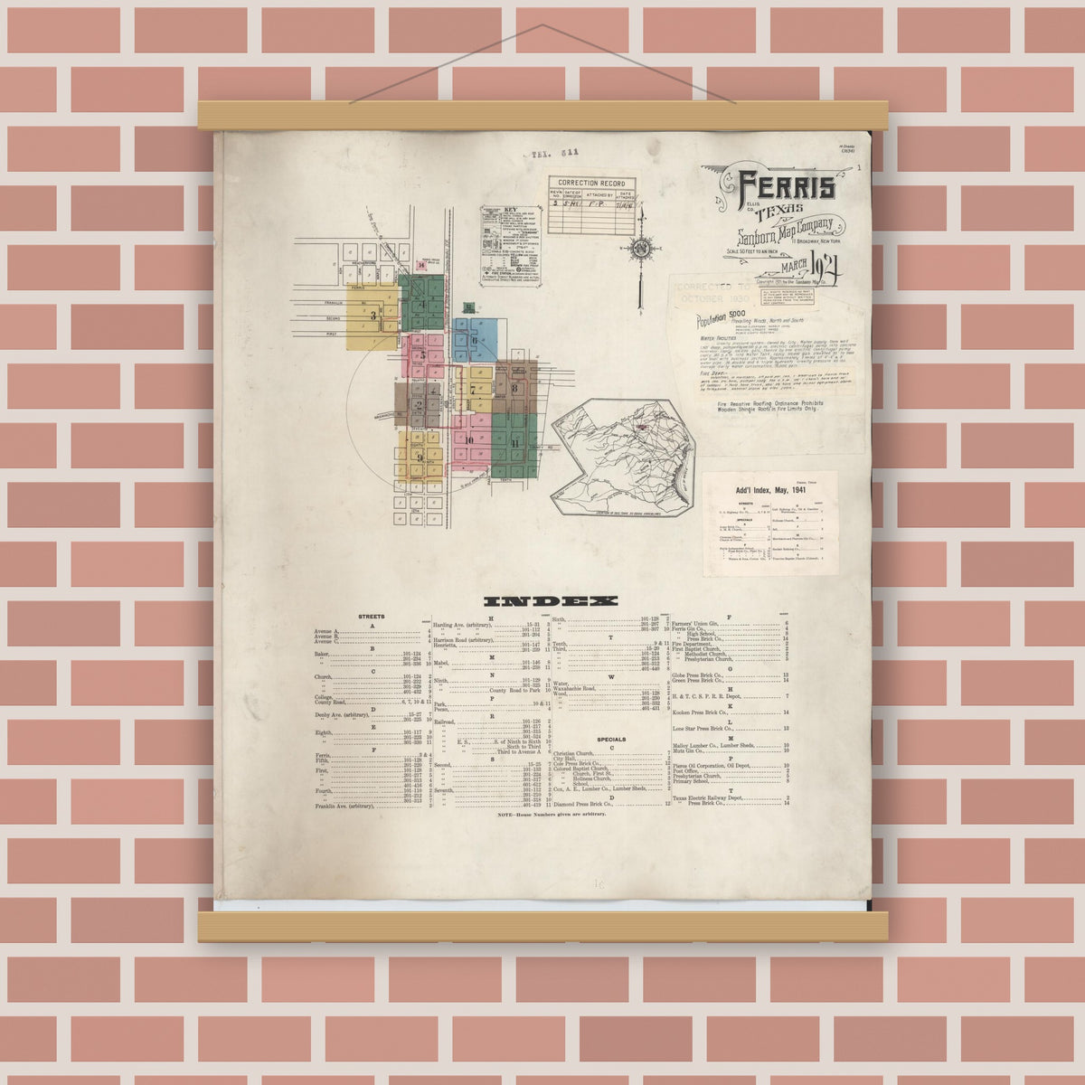 Old map wall art mockup — magnetic wood frame on brick wall — Sanborn Fire Insurance Map from Ferris, Ellis County, Texas (1941), Sheet #0001