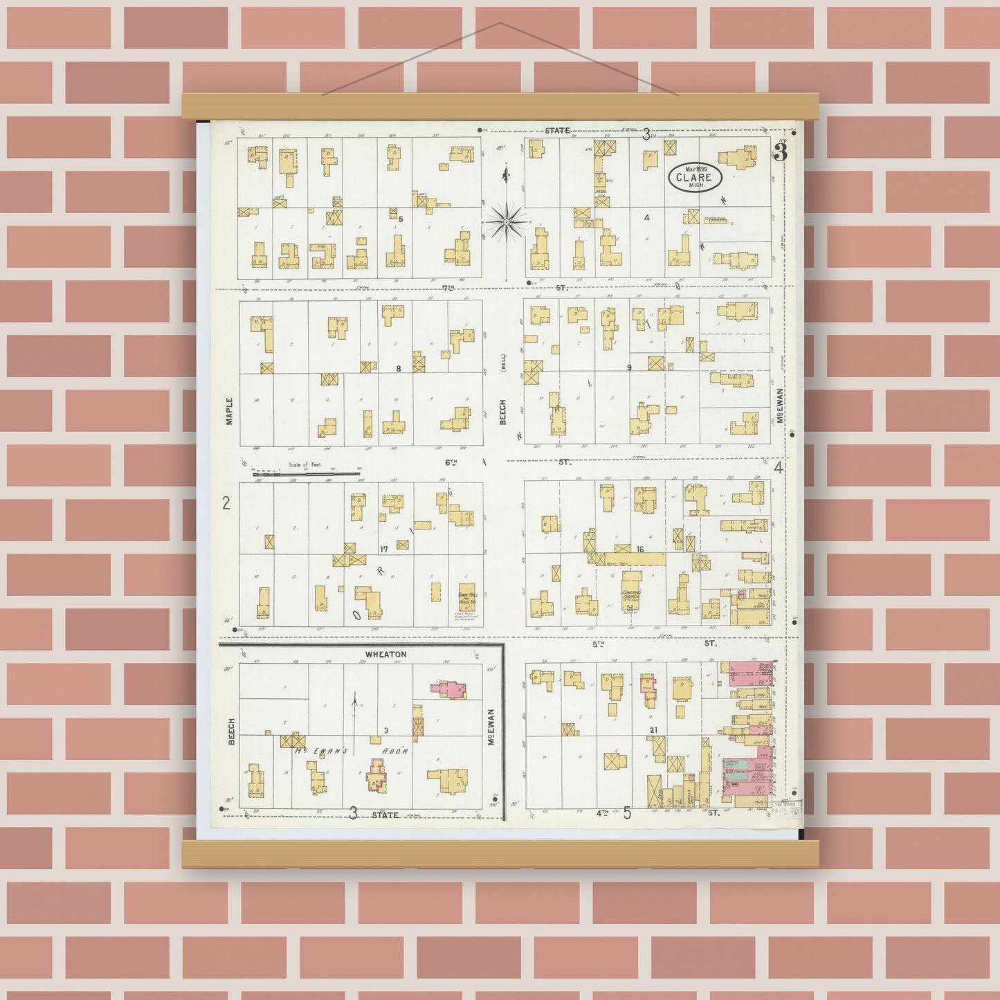 Old map wall art mockup — magnetic wood frame on brick wall — Sanborn Fire Insurance Map from Clare, Clare County, Michigan (1899), Sheet #0003