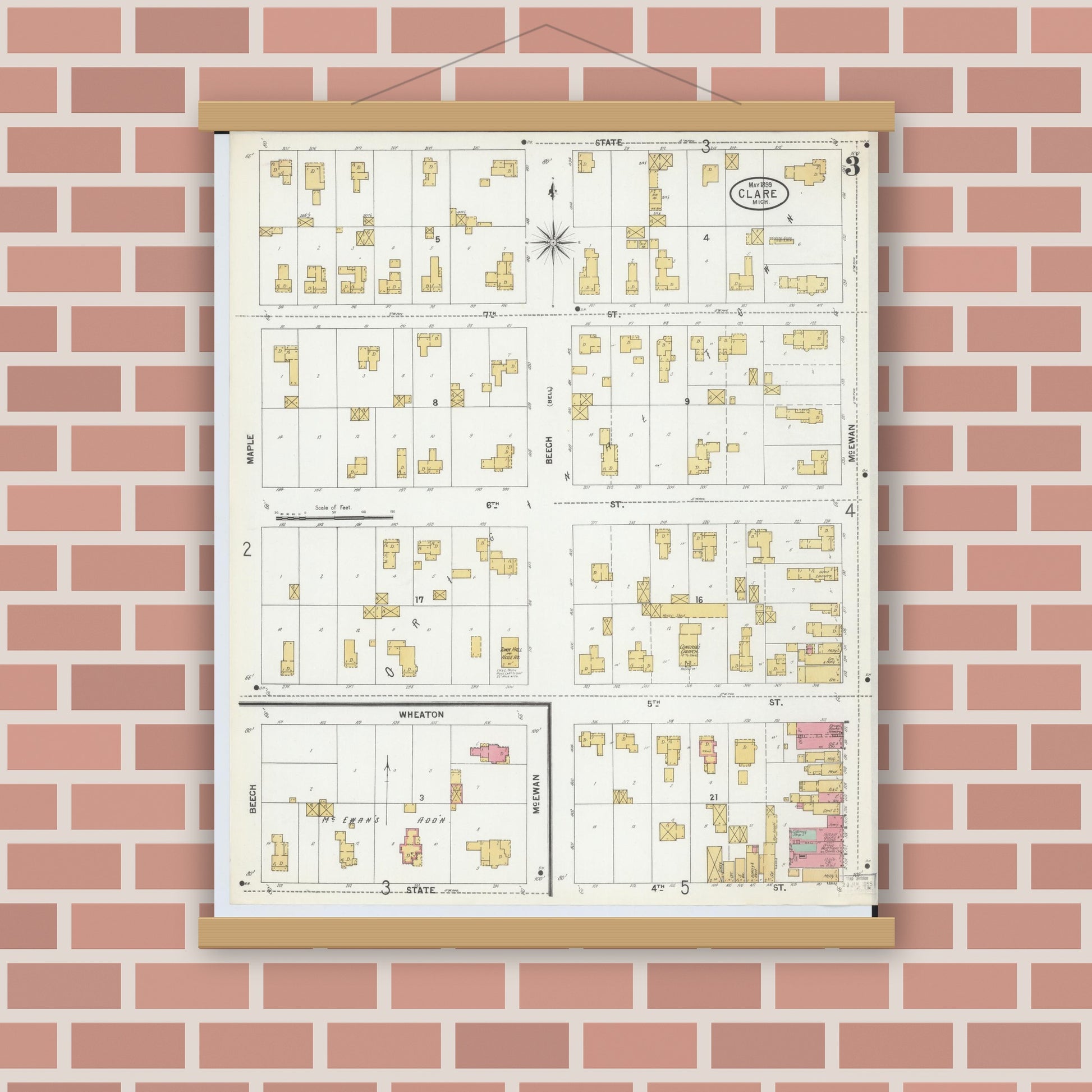 Old map wall art mockup — magnetic wood frame on brick wall — Sanborn Fire Insurance Map from Clare, Clare County, Michigan (1899), Sheet #0003