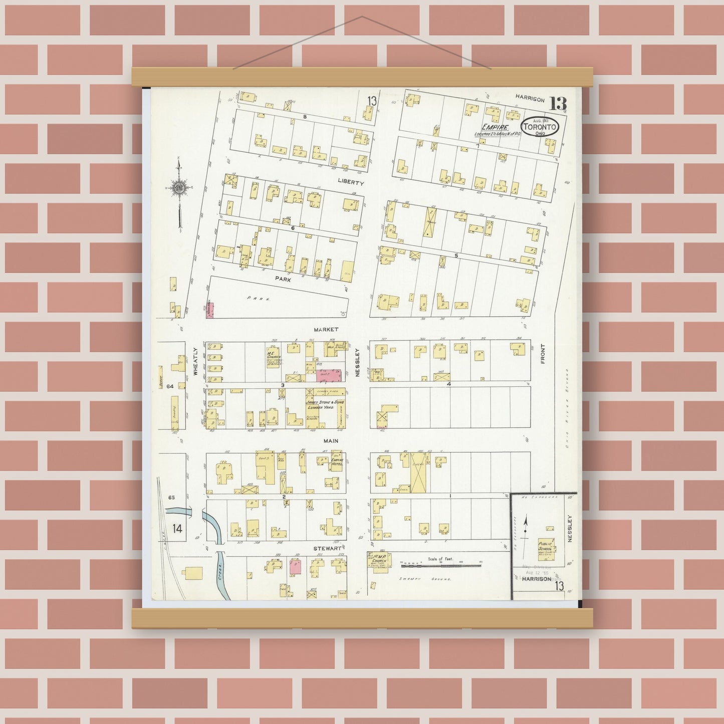 Old map wall art mockup — magnetic wood frame on brick wall — Sanborn Fire Insurance Map from Toronto, Jefferson County, Ohio (1911), Sheet #0013