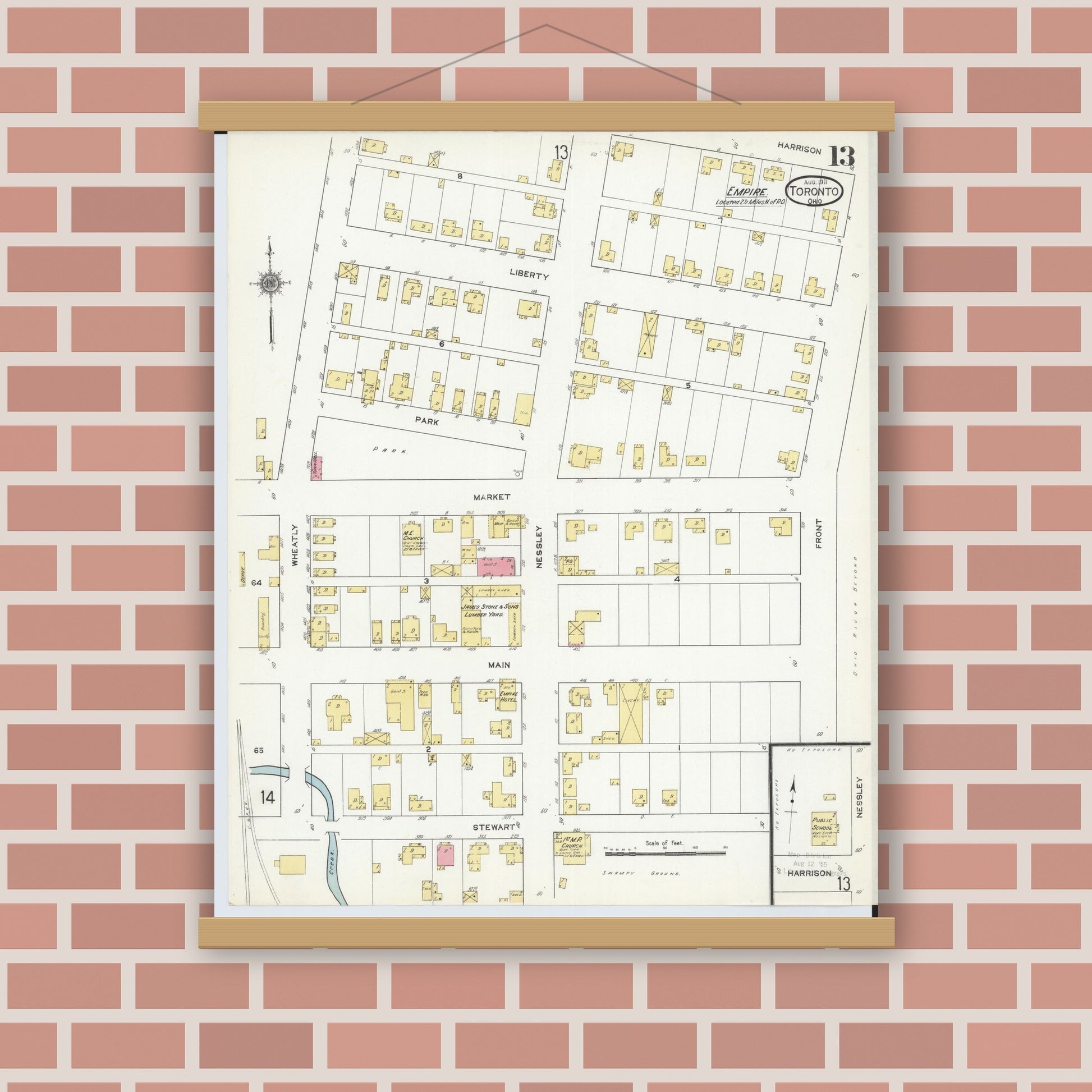 Old map wall art mockup — magnetic wood frame on brick wall — Sanborn Fire Insurance Map from Toronto, Jefferson County, Ohio (1911), Sheet #0013