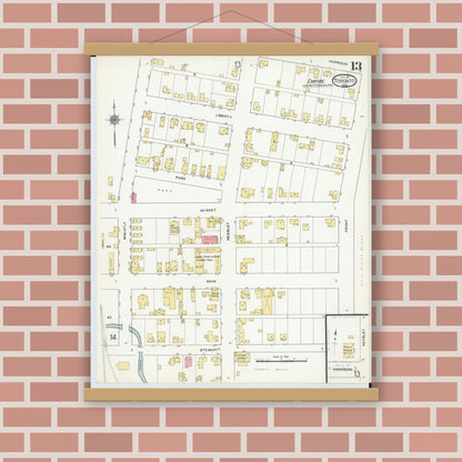 Old map wall art mockup — magnetic wood frame on brick wall — Sanborn Fire Insurance Map from Toronto, Jefferson County, Ohio (1911), Sheet #0013