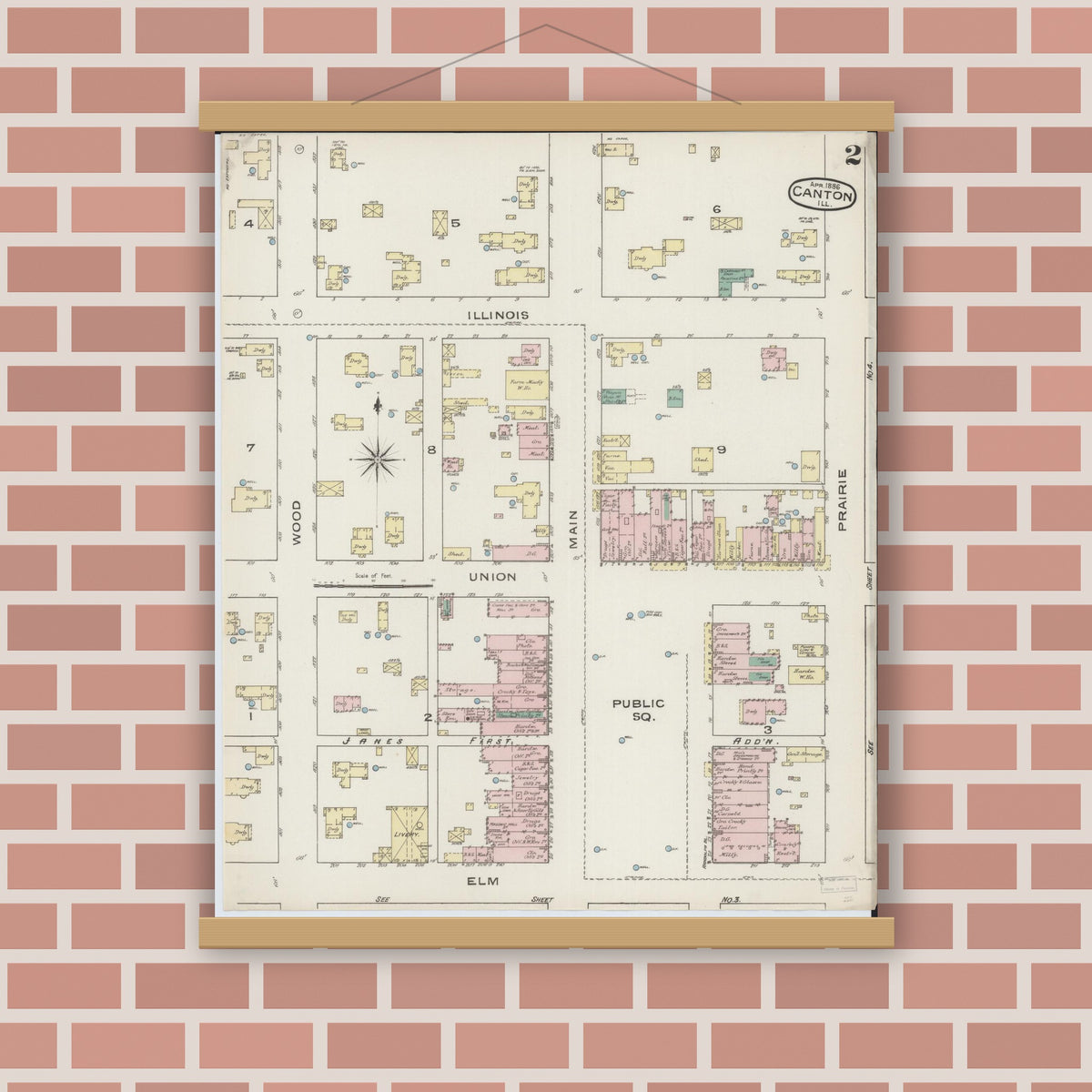 Old map wall art mockup — magnetic wood frame on brick wall — Sanborn Fire Insurance Map from Canton, Fulton County, Illinois (1886), Sheet #0002