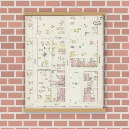 Old map wall art mockup — magnetic wood frame on brick wall — Sanborn Fire Insurance Map from Canton, Fulton County, Illinois (1886), Sheet #0002