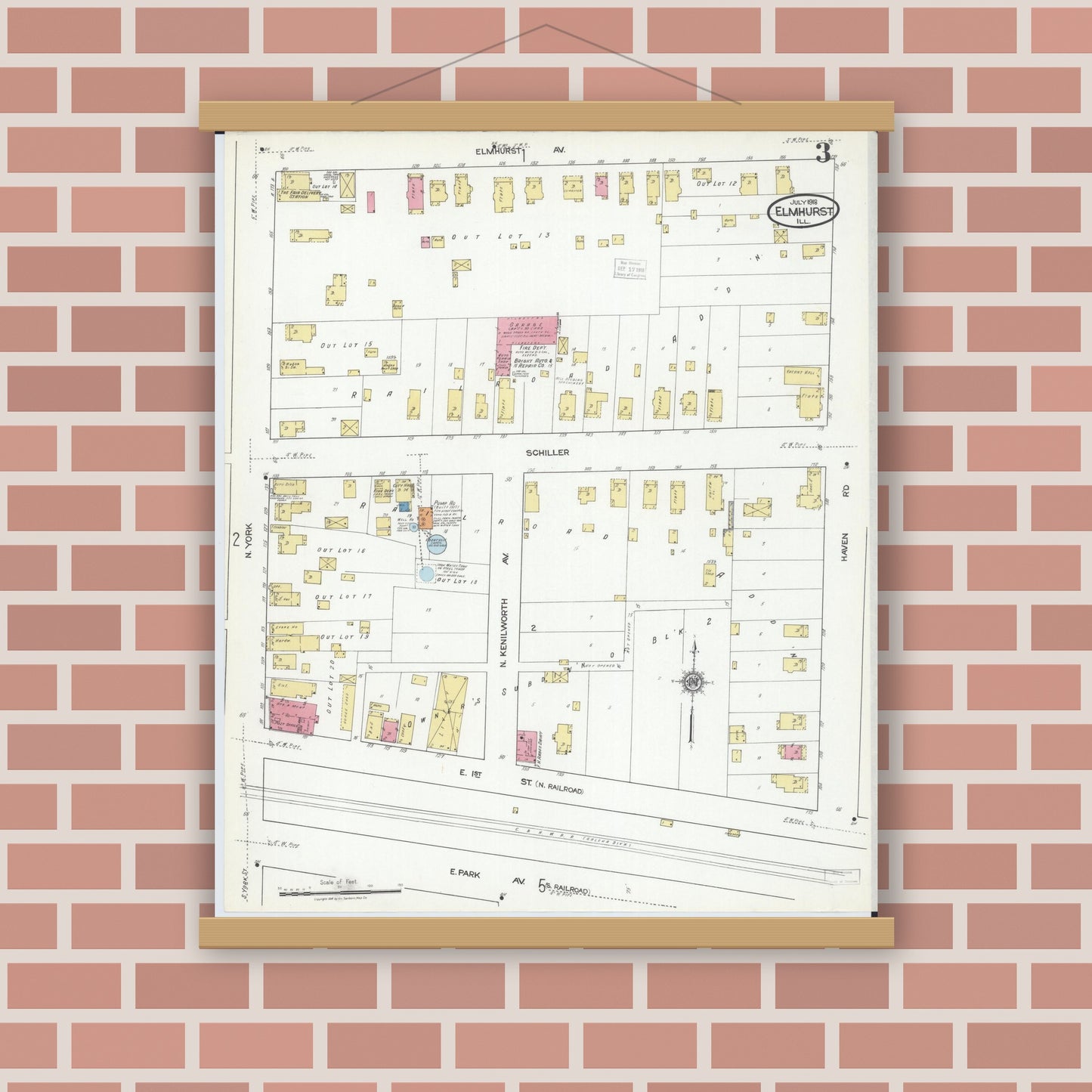 Old map wall art mockup — magnetic wood frame on brick wall — Sanborn Fire Insurance Map from Elmhurst, Du Page County, Illinois (1918), Sheet #0003