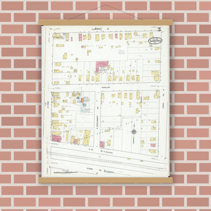 Old map wall art mockup — magnetic wood frame on brick wall — Sanborn Fire Insurance Map from Elmhurst, Du Page County, Illinois (1918), Sheet #0003